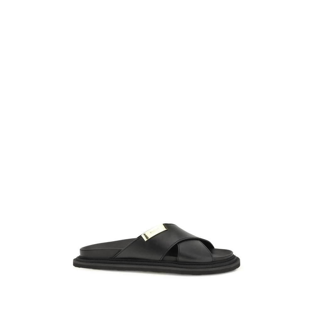Black Calf Leather Bos Taurus Flat Sandals - Élégance Sélective