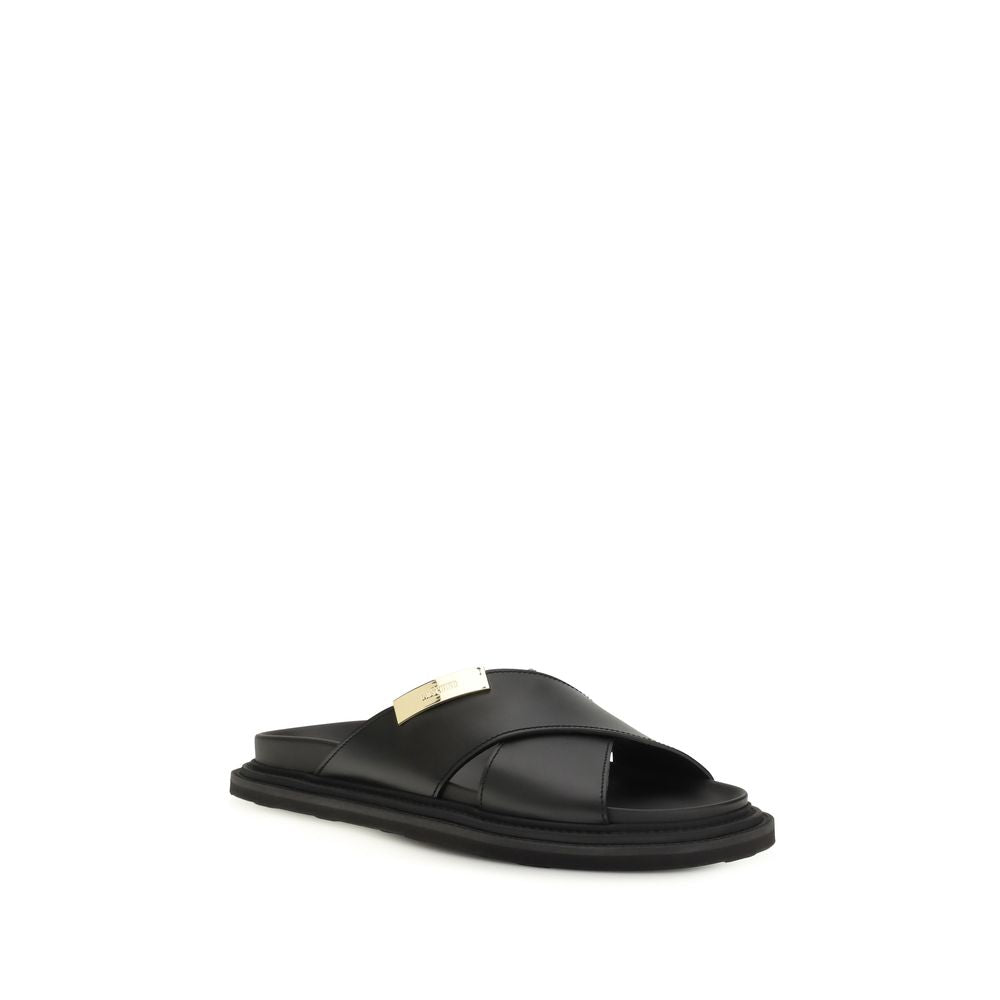 Black Calf Leather Bos Taurus Flat Sandals - Élégance Sélective