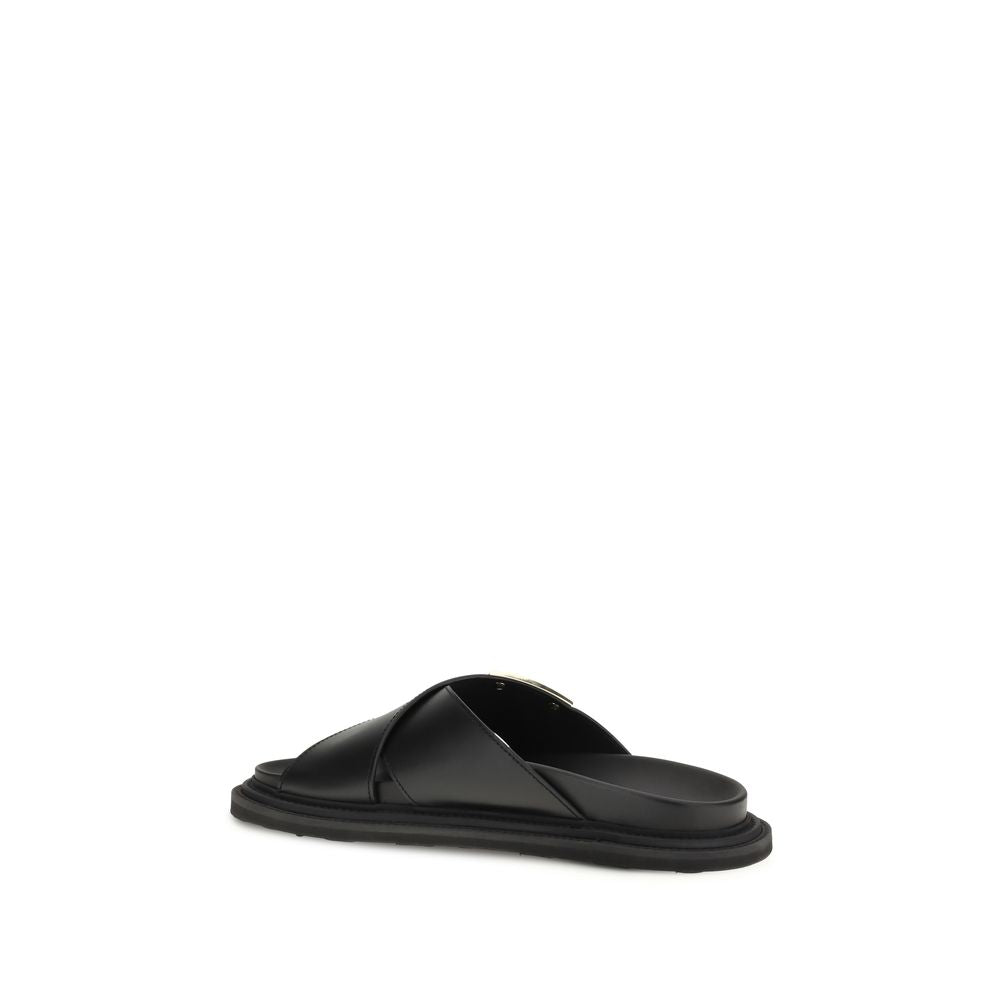 Black Calf Leather Bos Taurus Flat Sandals - Élégance Sélective