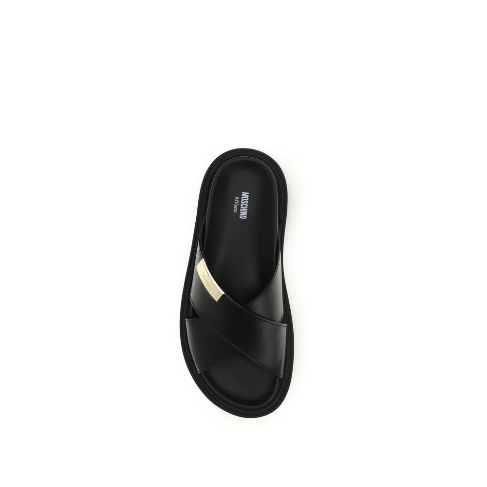 Black Calf Leather Bos Taurus Flat Sandals - Élégance Sélective
