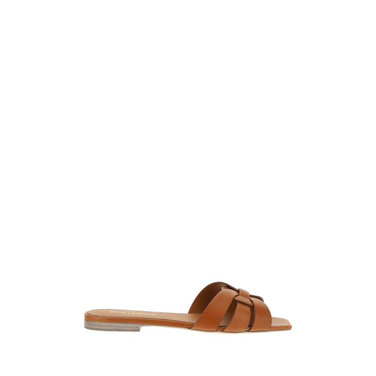 Brown Calf Leather Bos Taurus Flat Sandals - Élégance Sélective