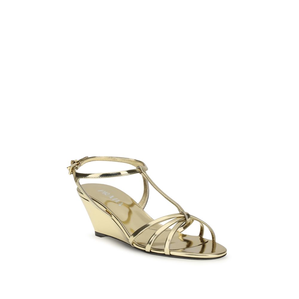 Gold Calf Leather Bos Taurus Wedge Sandals - Élégance Sélective
