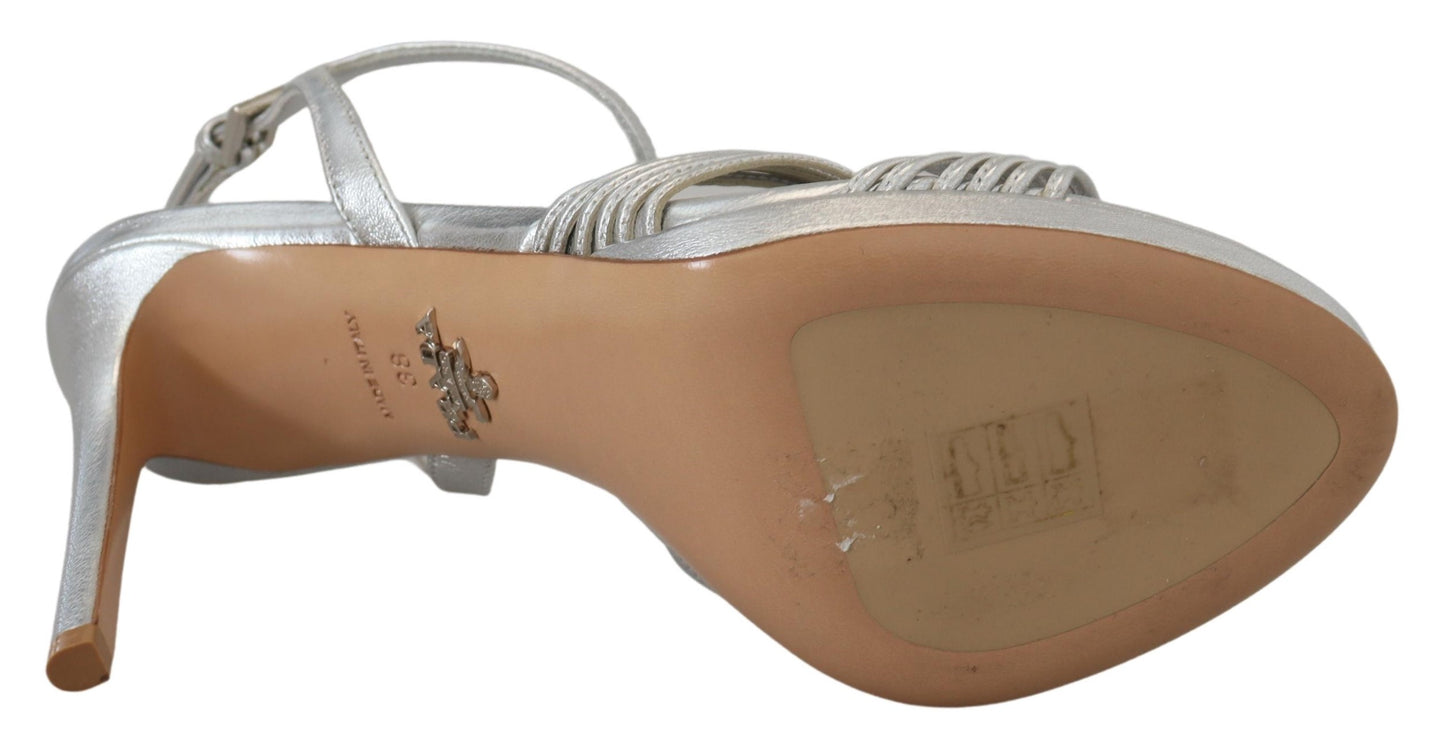 Prada Silver Leather Sandals Ankle Strap Heels Stiletto - Élégance Sélective
