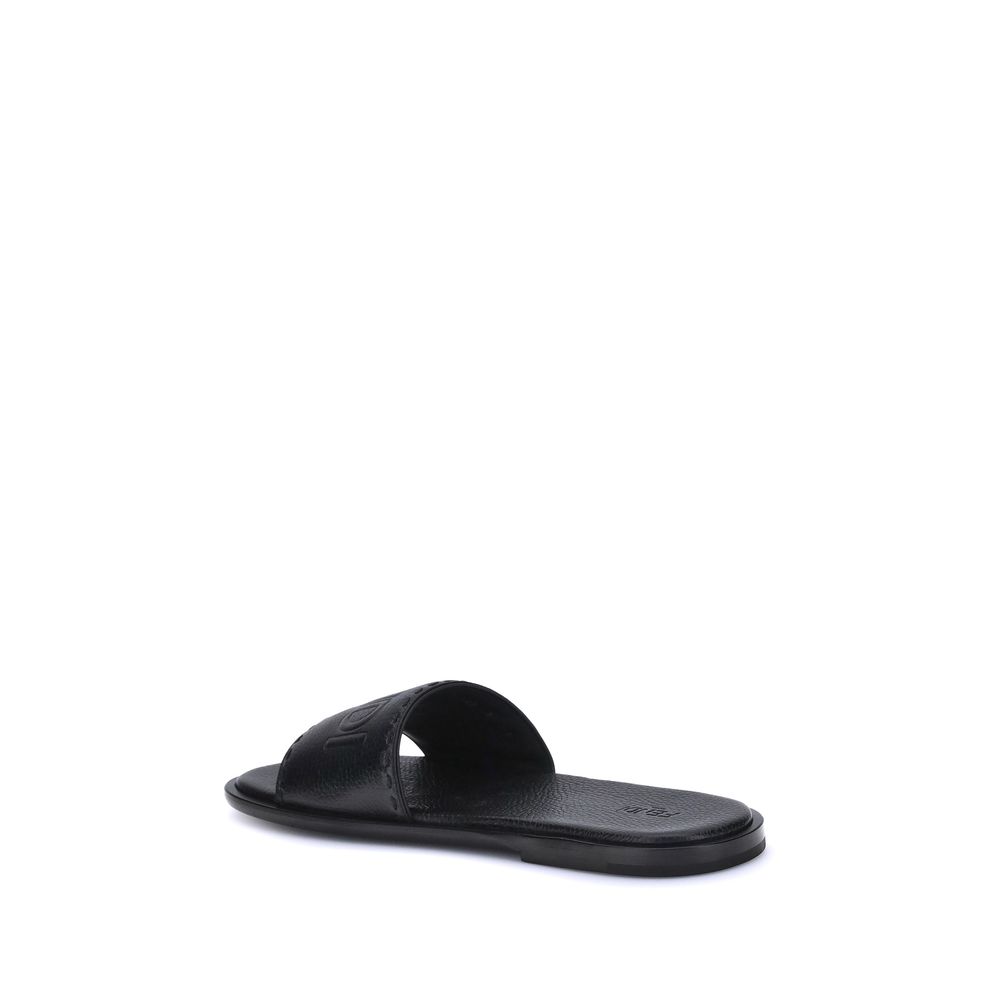 Black Calf Leather Bos Taurus Flat Sandals - Élégance Sélective